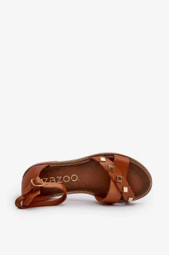 Hot 40378 Płaskie Skórzane Sandały Damskie Brązowe Damskie Sandały Płaskie