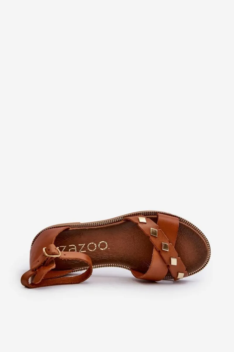 Hot 40378 Płaskie Skórzane Sandały Damskie Brązowe Damskie Sandały Płaskie