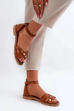 Hot 40378 Płaskie Skórzane Sandały Damskie Brązowe Damskie Sandały Płaskie