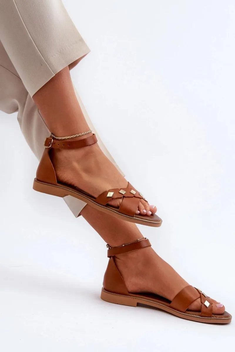 Hot 40378 Płaskie Skórzane Sandały Damskie Brązowe Damskie Sandały Płaskie