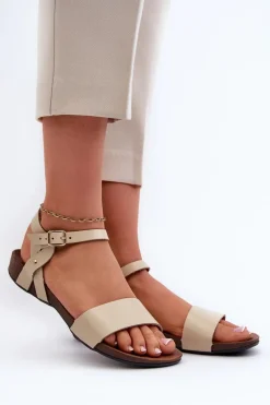 Sandały Płaskie>Zazoo 40027 Płaskie Skórzane Sandały Damskie Beżowe