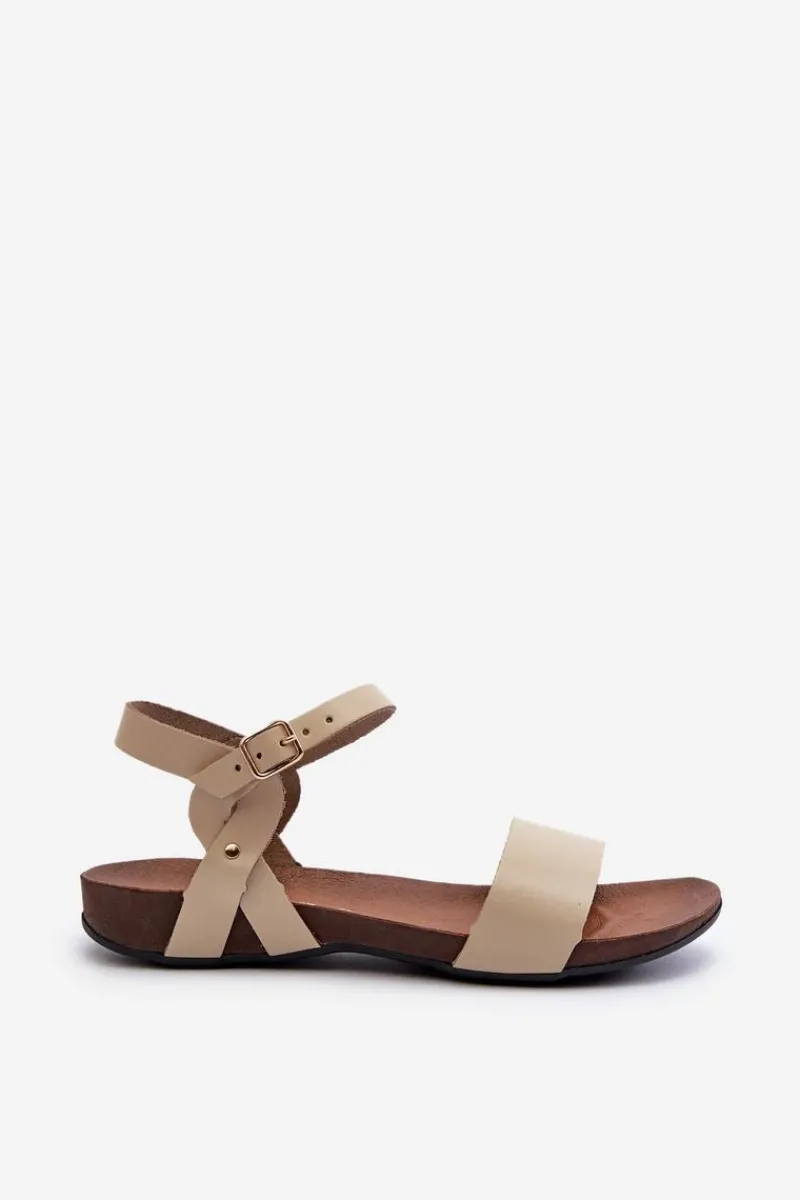 Sandały Płaskie>Zazoo 40027 Płaskie Skórzane Sandały Damskie Beżowe