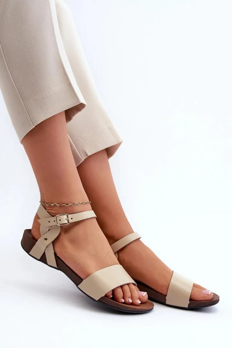 Sandały Płaskie>Zazoo 40027 Płaskie Skórzane Sandały Damskie Beżowe