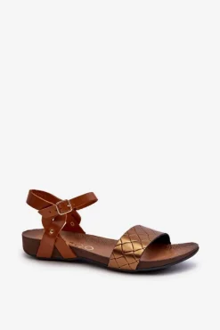 Sandały Płaskie></noscript>Zazoo 40027 Płaskie Skórzane Sandały Damskie Miedziane Złoty