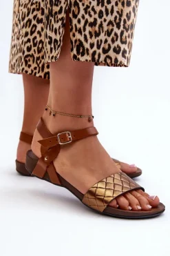 Sandały Płaskie></noscript>Zazoo 40027 Płaskie Skórzane Sandały Damskie Miedziane Złoty