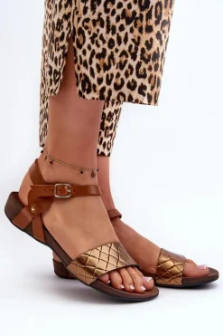 Sandały Płaskie></noscript>Zazoo 40027 Płaskie Skórzane Sandały Damskie Miedziane Złoty