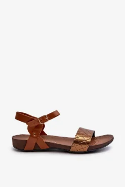 Sandały Płaskie></noscript>Zazoo 40027 Płaskie Skórzane Sandały Damskie Miedziane Złoty