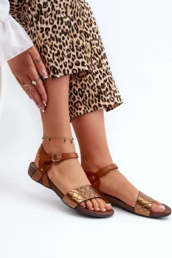 Sandały Płaskie></noscript>Zazoo 40027 Płaskie Skórzane Sandały Damskie Miedziane Złoty