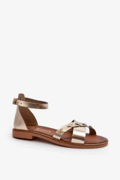 Sandały Płaskie></noscript>Zazoo 40378 Płaskie Skórzane Sandały Damskie Złote Złoty