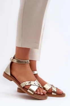 Sandały Płaskie></noscript>Zazoo 40378 Płaskie Skórzane Sandały Damskie Złote Złoty
