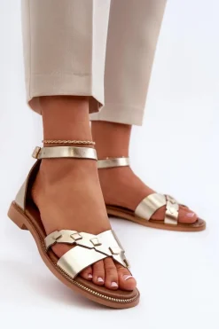 Sandały Płaskie></noscript>Zazoo 40378 Płaskie Skórzane Sandały Damskie Złote Złoty