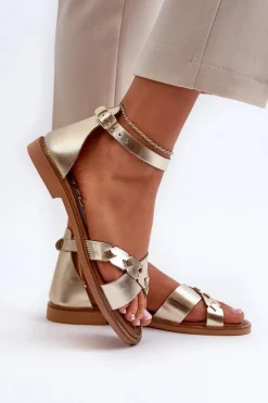 Sandały Płaskie></noscript>Zazoo 40378 Płaskie Skórzane Sandały Damskie Złote Złoty