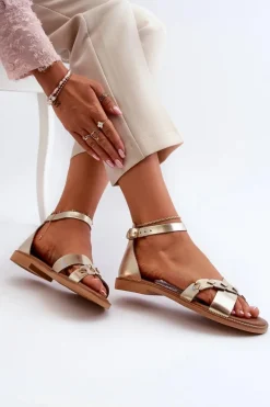 Sandały Płaskie></noscript>Zazoo 40378 Płaskie Skórzane Sandały Damskie Złote Złoty