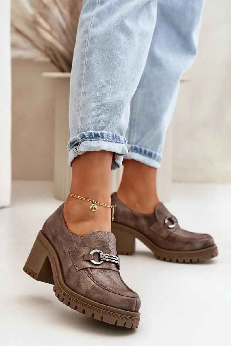 Półbuty Skórzane>Zazoo 20175 Półbuty Damskie Na Słupku Skóra Naturalna Ciemnobeżowe Beżowy