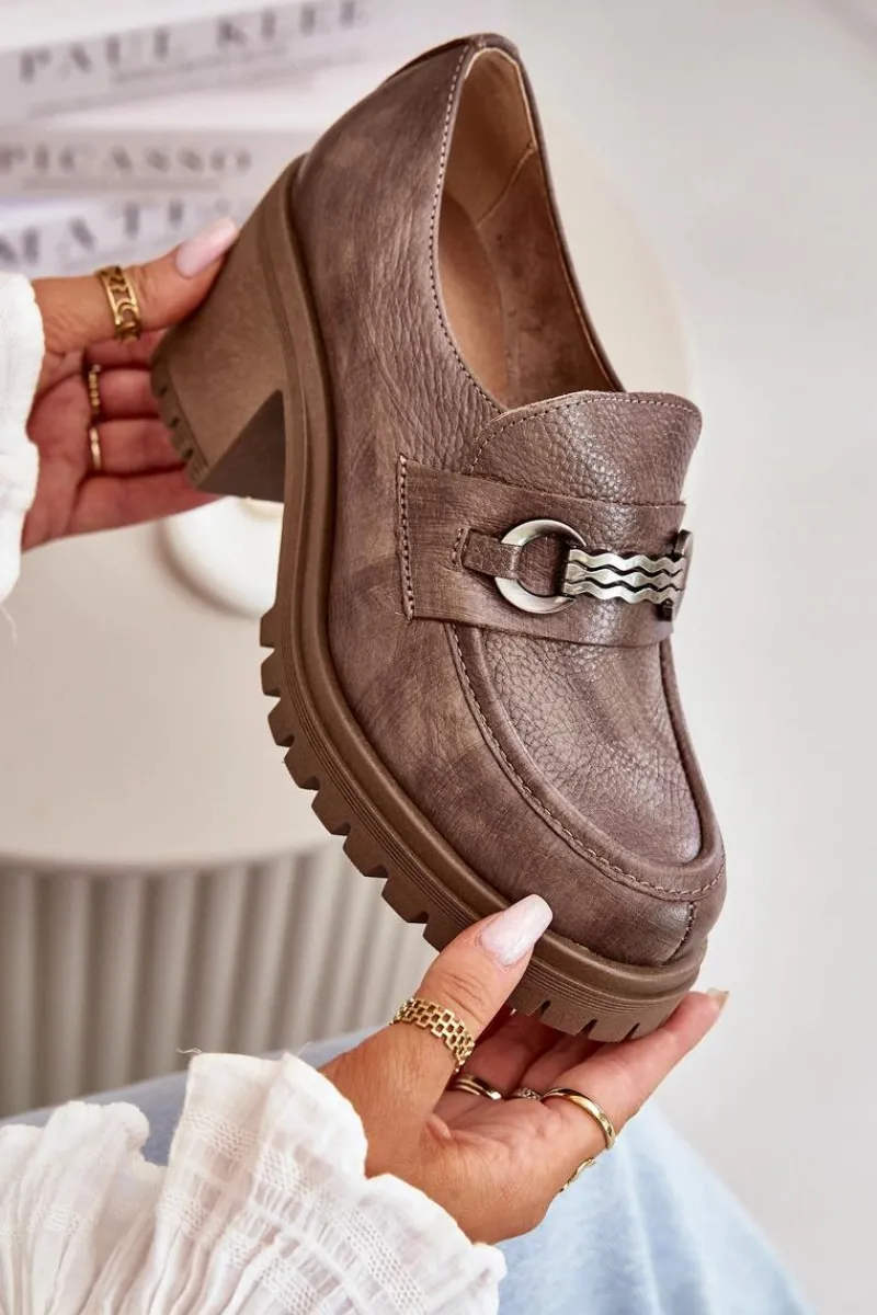 Półbuty Skórzane>Zazoo 20175 Półbuty Damskie Na Słupku Skóra Naturalna Ciemnobeżowe Beżowy