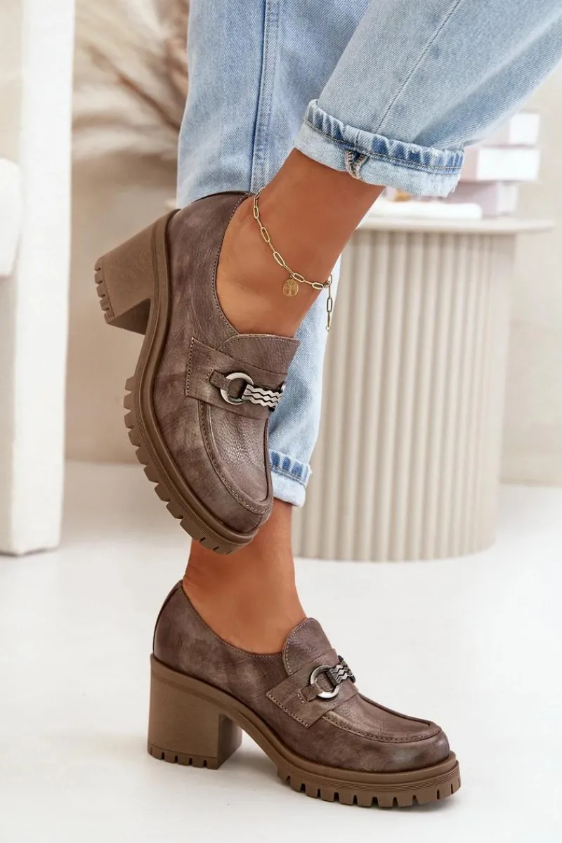 Półbuty Skórzane>Zazoo 20175 Półbuty Damskie Na Słupku Skóra Naturalna Ciemnobeżowe Beżowy