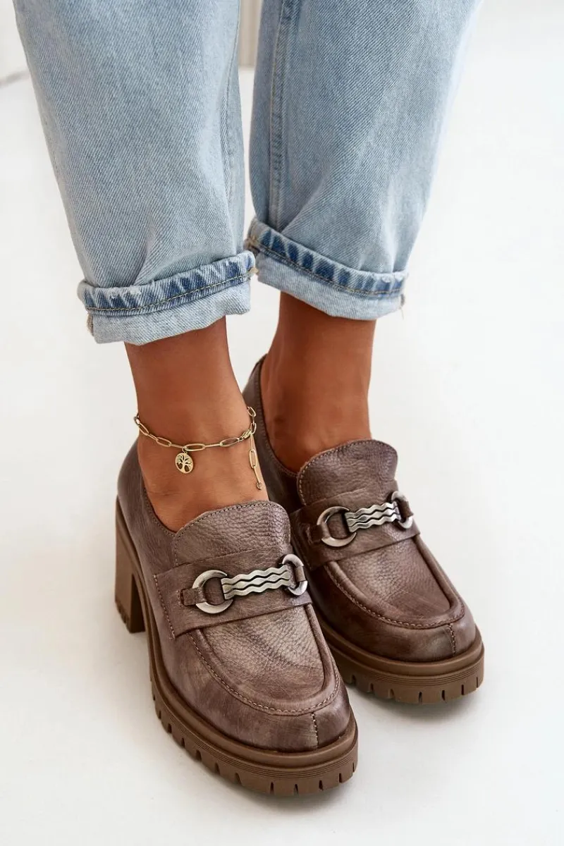 Półbuty Skórzane>Zazoo 20175 Półbuty Damskie Na Słupku Skóra Naturalna Ciemnobeżowe Beżowy