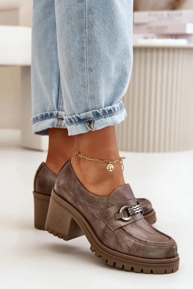 Półbuty Skórzane>Zazoo 20175 Półbuty Damskie Na Słupku Skóra Naturalna Ciemnobeżowe Beżowy