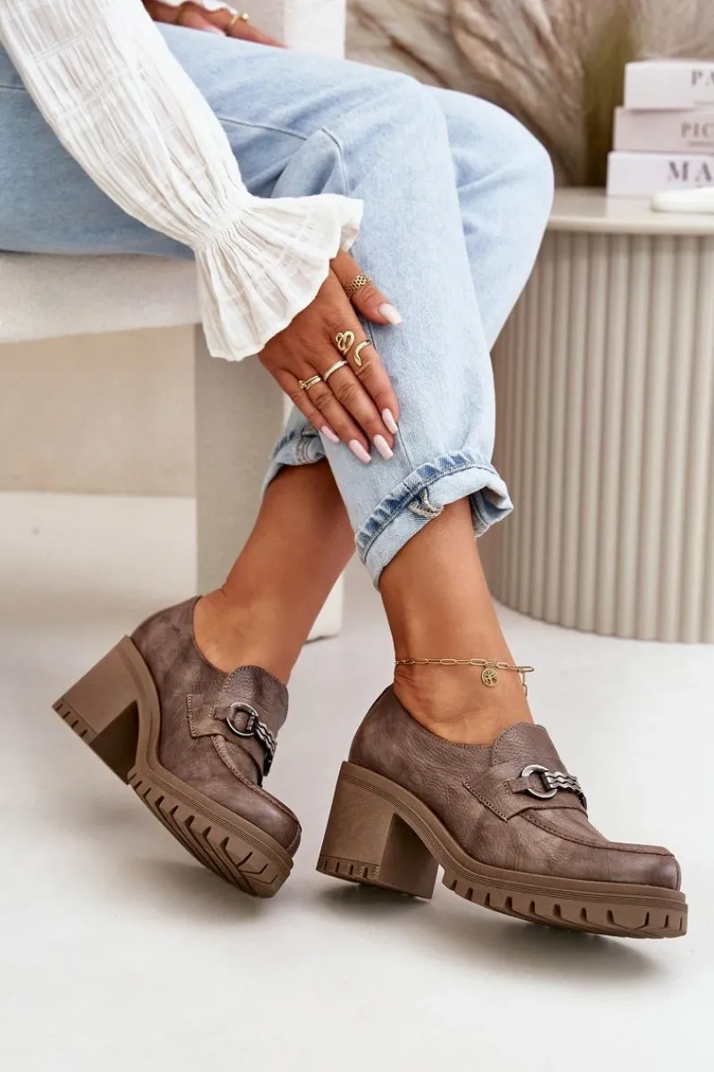 Półbuty Skórzane>Zazoo 20175 Półbuty Damskie Na Słupku Skóra Naturalna Ciemnobeżowe Beżowy