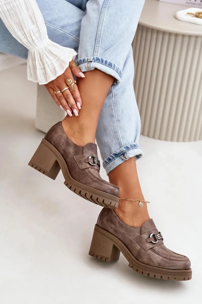 Półbuty Skórzane>Zazoo 20175 Półbuty Damskie Na Słupku Skóra Naturalna Ciemnobeżowe Beżowy