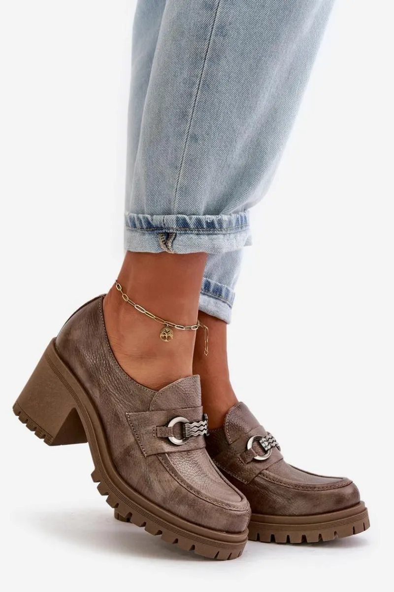 Półbuty Skórzane>Zazoo 20175 Półbuty Damskie Na Słupku Skóra Naturalna Ciemnobeżowe Beżowy