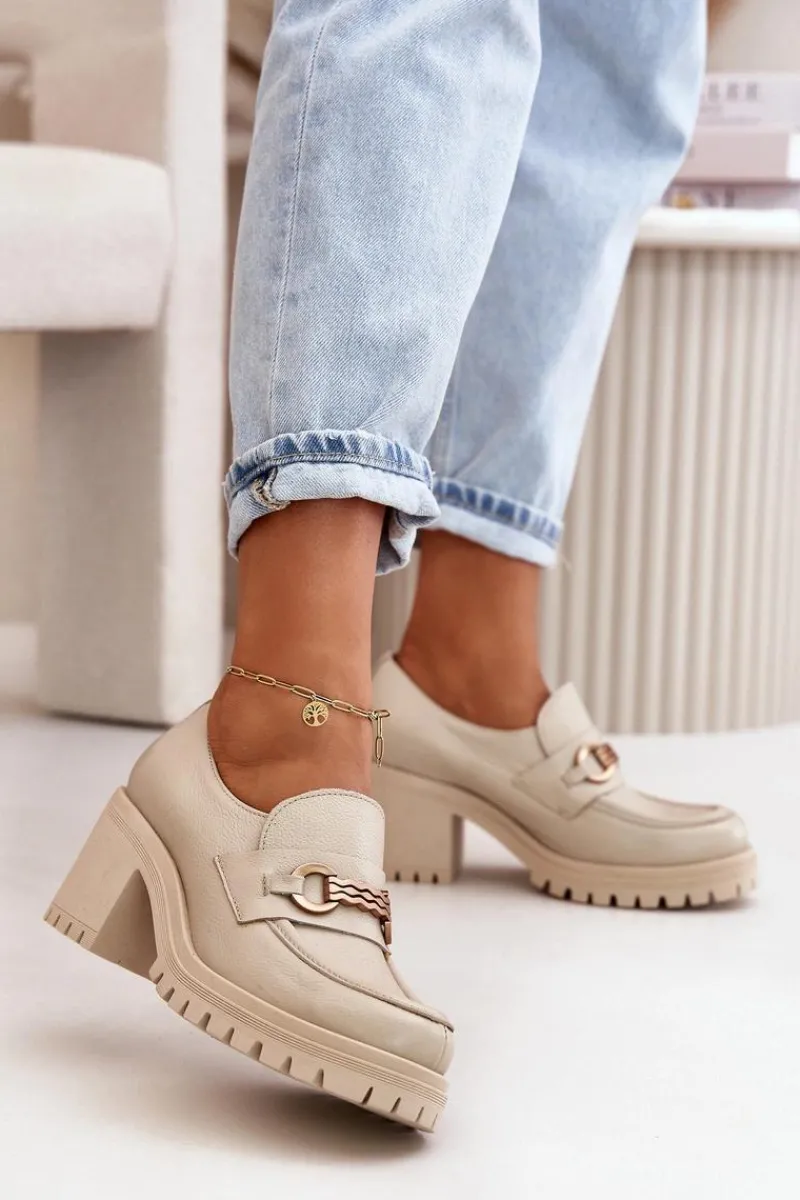 Półbuty Skórzane>Zazoo 20175 Półbuty Damskie Na Słupku Skóra Naturalna Jasnobeżowe Beżowy