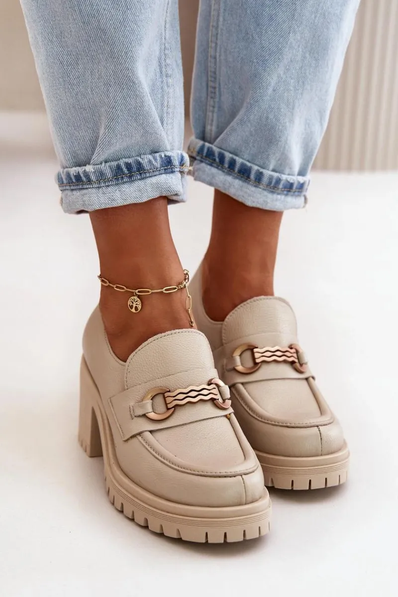 Półbuty Skórzane>Zazoo 20175 Półbuty Damskie Na Słupku Skóra Naturalna Jasnobeżowe Beżowy