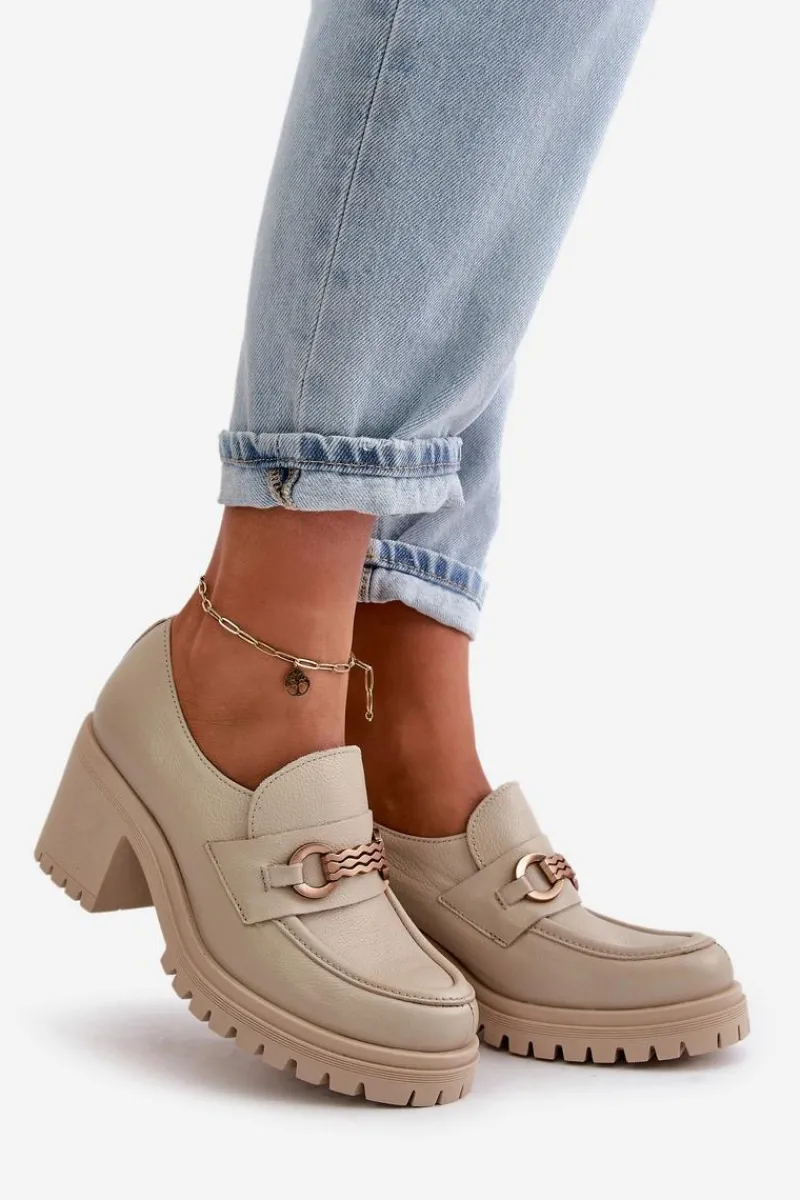 Półbuty Skórzane>Zazoo 20175 Półbuty Damskie Na Słupku Skóra Naturalna Jasnobeżowe Beżowy