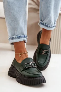 Online 20176 Półbuty Mokasyny Damskie Ze Skóry Naturalnej Ciemnozielone Damskie Półbuty Skórzane|Mokasyny Na Platformie