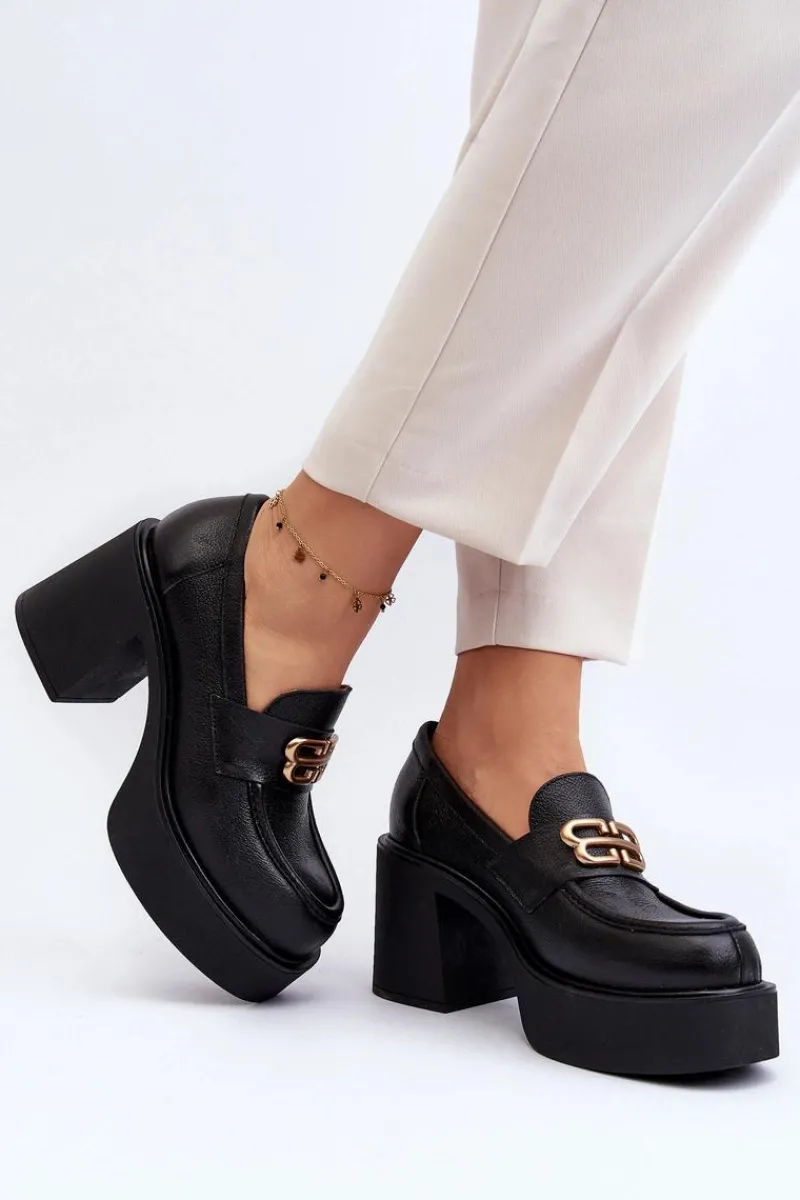 Best Zazoo 20170 Półbuty Skórzane Damskie Na Słupku Czarne Czarny