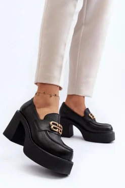 Best Zazoo 20170 Półbuty Skórzane Damskie Na Słupku Czarne Czarny