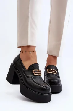 Best Zazoo 20170 Półbuty Skórzane Damskie Na Słupku Czarne Czarny