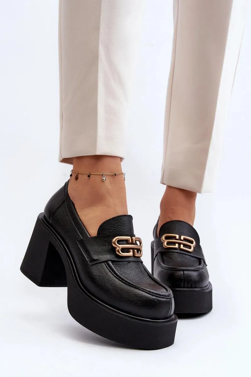 Best Zazoo 20170 Półbuty Skórzane Damskie Na Słupku Czarne Czarny