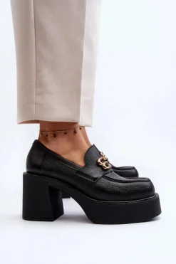 Best Zazoo 20170 Półbuty Skórzane Damskie Na Słupku Czarne Czarny