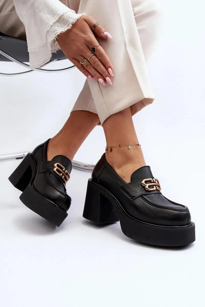 Best Zazoo 20170 Półbuty Skórzane Damskie Na Słupku Czarne Czarny