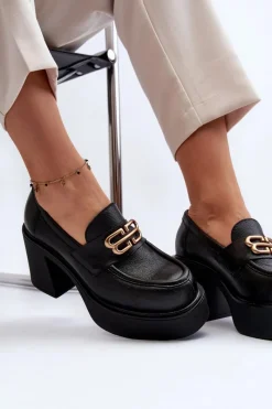 Best Zazoo 20170 Półbuty Skórzane Damskie Na Słupku Czarne Czarny