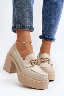 Clearance 20170 Półbuty Skórzane Damskie Na Słupku Jasnobeżowe Damskie Półbuty Skórzane