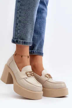 Clearance 20170 Półbuty Skórzane Damskie Na Słupku Jasnobeżowe Damskie Półbuty Skórzane