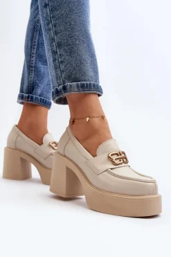 Clearance 20170 Półbuty Skórzane Damskie Na Słupku Jasnobeżowe Damskie Półbuty Skórzane