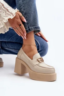 Clearance 20170 Półbuty Skórzane Damskie Na Słupku Jasnobeżowe Damskie Półbuty Skórzane