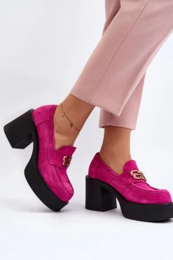 Półbuty Skórzane>Zazoo 20170 Półbuty Zamszowe Damskie Na Słupku Fuksja Różowy
