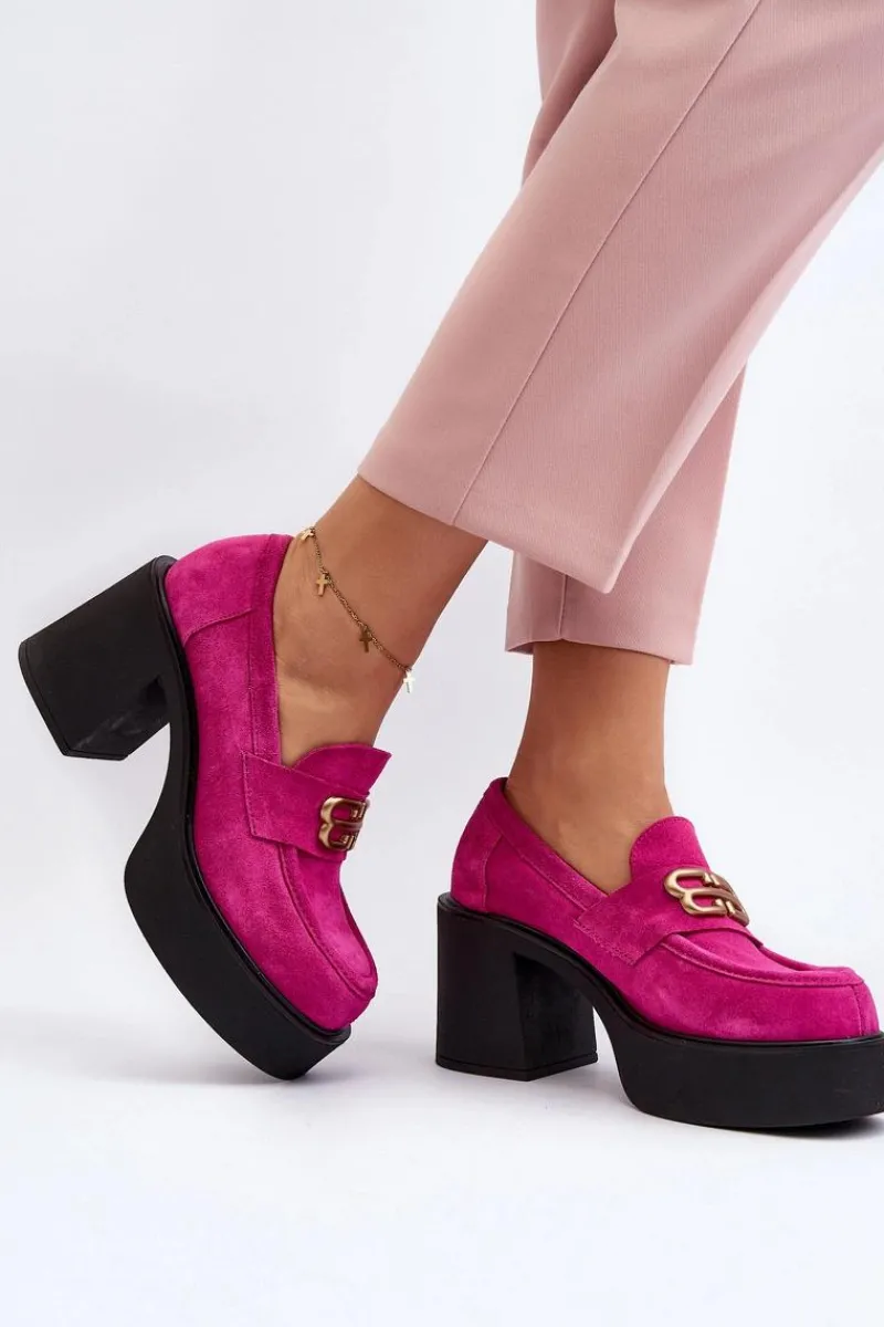 Półbuty Skórzane>Zazoo 20170 Półbuty Zamszowe Damskie Na Słupku Fuksja Różowy