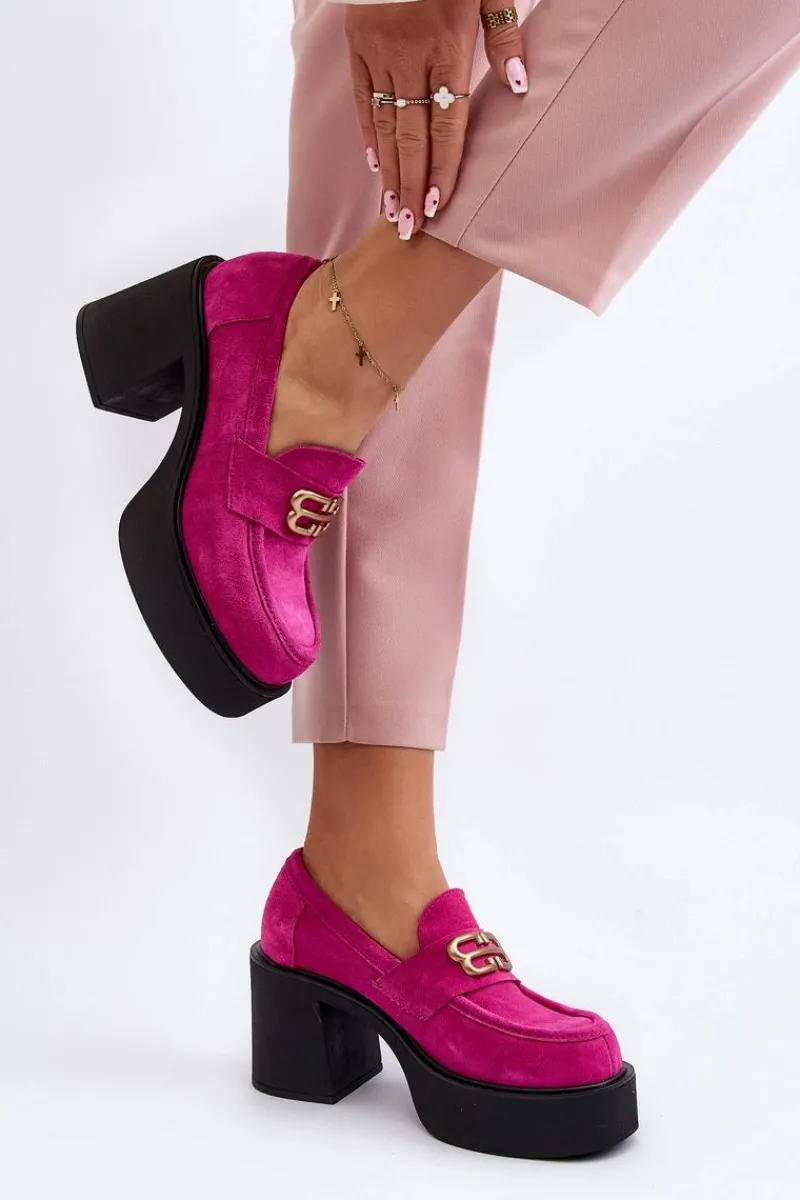 Półbuty Skórzane>Zazoo 20170 Półbuty Zamszowe Damskie Na Słupku Fuksja Różowy
