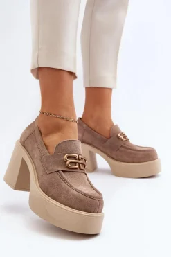 Półbuty Skórzane>Zazoo 20170 Półbuty Zamszowe Damskie Na Słupku Beżowe Beżowy