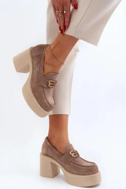 Półbuty Skórzane>Zazoo 20170 Półbuty Zamszowe Damskie Na Słupku Beżowe Beżowy