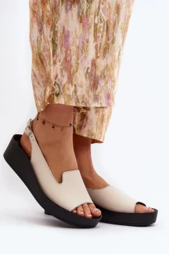 Sandały Płaskie>Zazoo 2893 Sandały Damskie Skórzane na Grubej Podeszwie Jasnobeżowe Beżowy