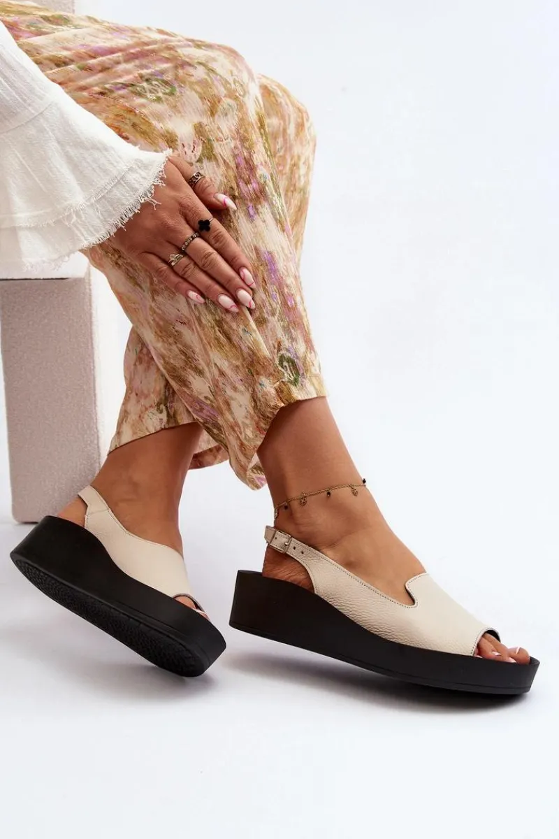 Sandały Płaskie>Zazoo 2893 Sandały Damskie Skórzane na Grubej Podeszwie Jasnobeżowe Beżowy