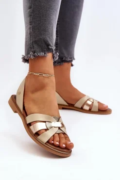 Sandały Płaskie>Zazoo 40382 Sandały Damskie Skórzane Beżowe