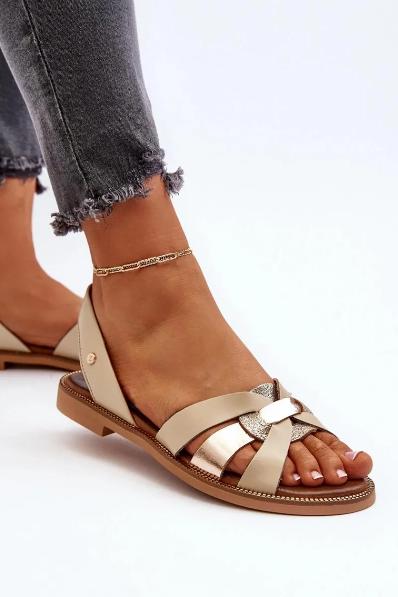 Sandały Płaskie>Zazoo 40382 Sandały Damskie Skórzane Beżowe