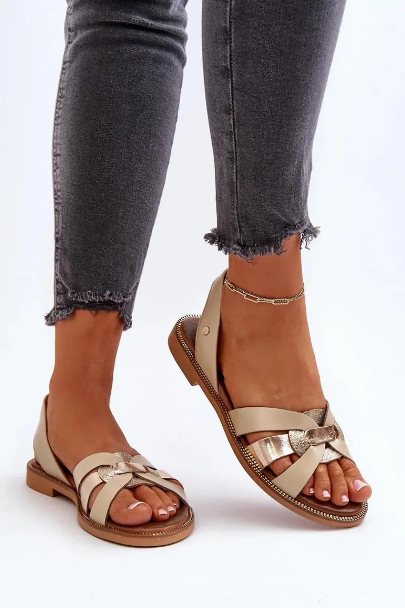 Sandały Płaskie>Zazoo 40382 Sandały Damskie Skórzane Beżowe